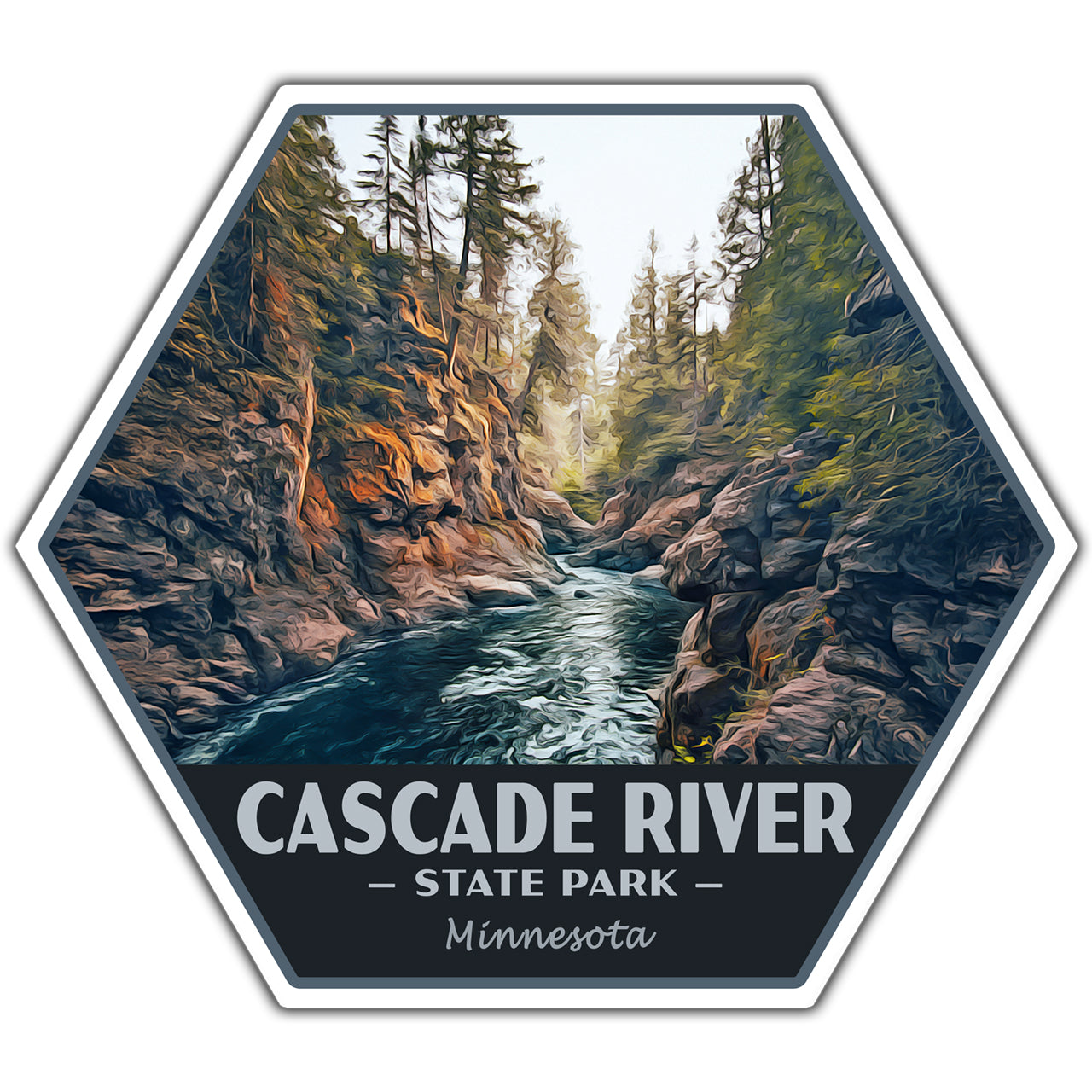 A hexagonal sticker or patch featuring an illustrated landscape of the Cascade River State Park in Minnesota, with a river flowing between rocky cliffs and pine trees. The bottom section is dark gray with white text reading 'CASCADE RIVER - STATE PARK - Minnesota'.