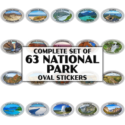 A set of oval National Park stickers arranged in rows around a large central label that reads 'COMPLETE SET OF 63 NATIONAL PARK OVAL STICKERS.' The stickers depict various national parks with landscape scenes and names such as Grand Canyon, Yellowstone, Yosemite, and others.