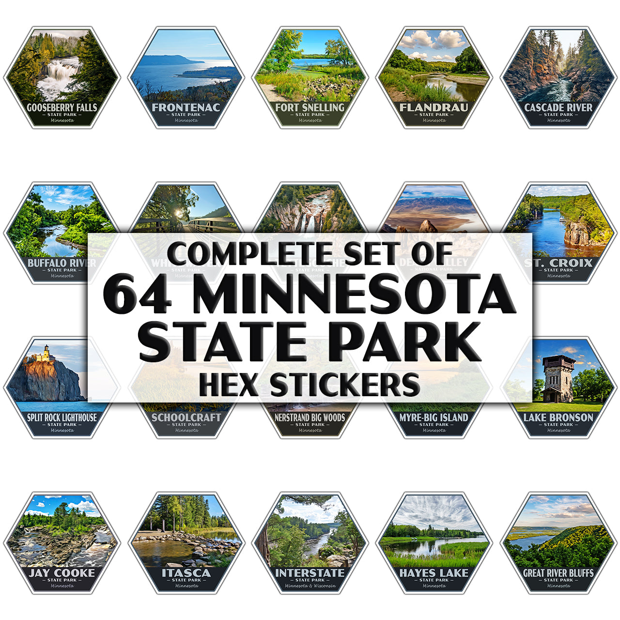 A set of 64 hexagonal Minnesota State Park stickers arranged in rows around a central label. The central label reads 'COMPLETE SET OF 64 MINNESOTA STATE PARK HEX STICKERS' in bold black text.
