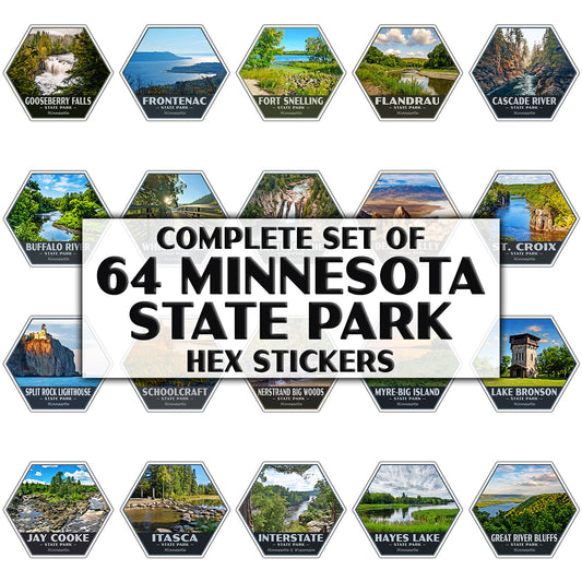 A set of 64 hexagonal Minnesota State Park stickers arranged in rows around a central label. The central label reads 'COMPLETE SET OF 64 MINNESOTA STATE PARK HEX STICKERS' in bold black text.