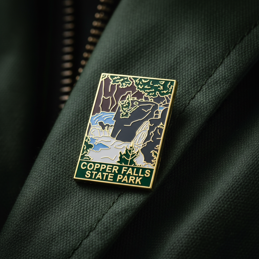Pin with Copper Falls State Park design on a dark green jacket