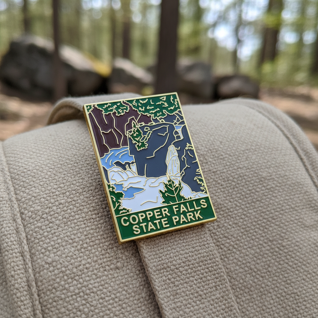 Pin of Copper Falls State Park on a textured surface with a forest background
