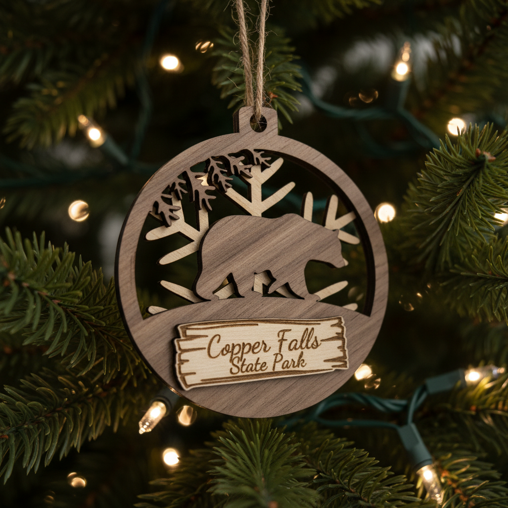 Wooden ornament with bear silhouette and 'Copper Falls State Park' text on a Christmas tree.