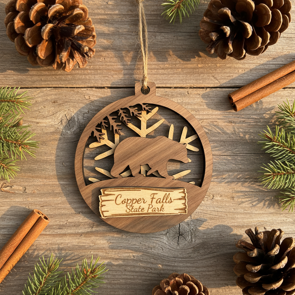 Wooden ornament with bear design and 'Copper Falls State Park' text, surrounded by pine cones and branches on a wooden surface.
