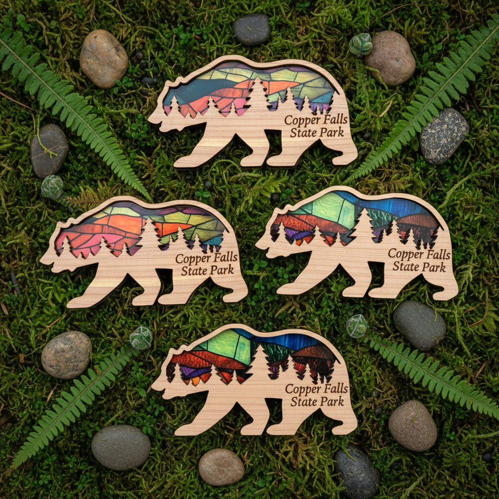 Four wooden bear-shaped magnets with colorful designs and 'Copper Falls State Park' text on a green leafy background.
