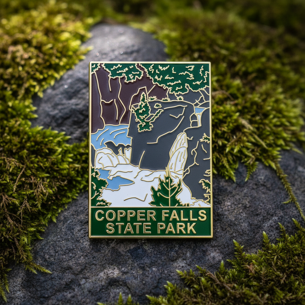 Pin with Copper Falls State Park design on a rock with green moss