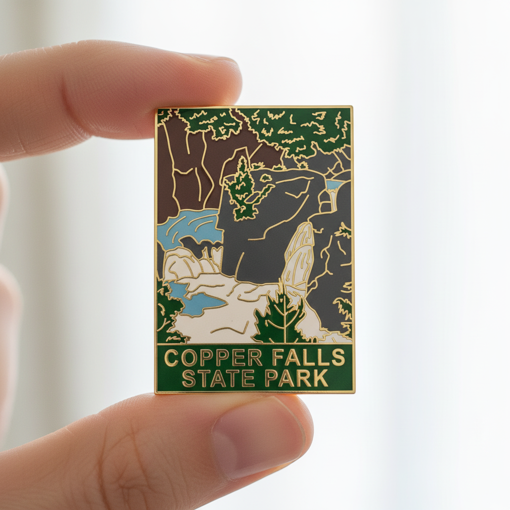 Pin with Copper Falls State Park design held between fingers against a light background