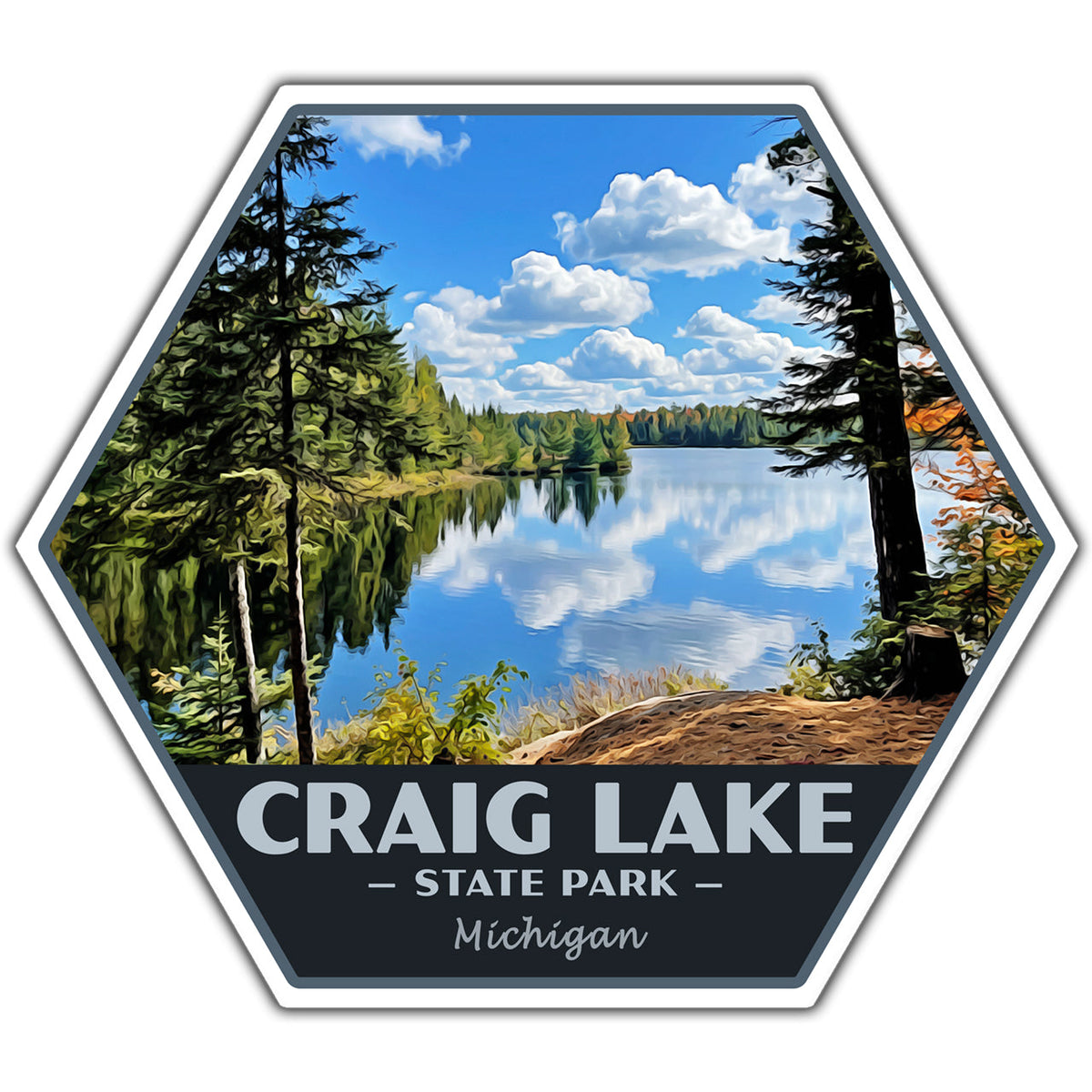 Hexagonal sticker of Craig Lake State Park with a lake and trees on a white background