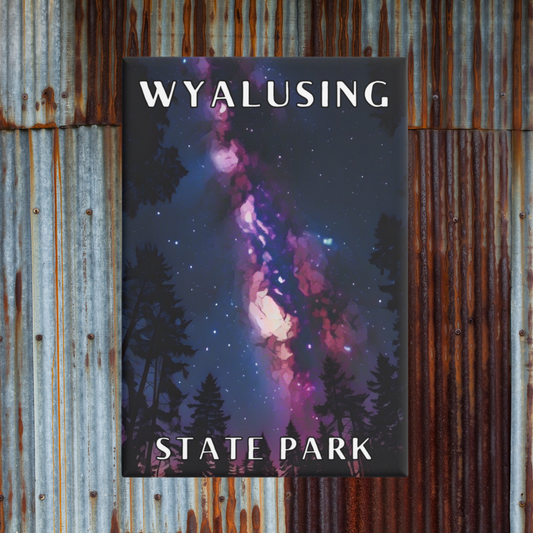 Metal button magnet featuring a vibrant milkyway galaxy and the text: Wyalusing State Park.  Photo Background: rustic galvanized tin with rusted spots. 
