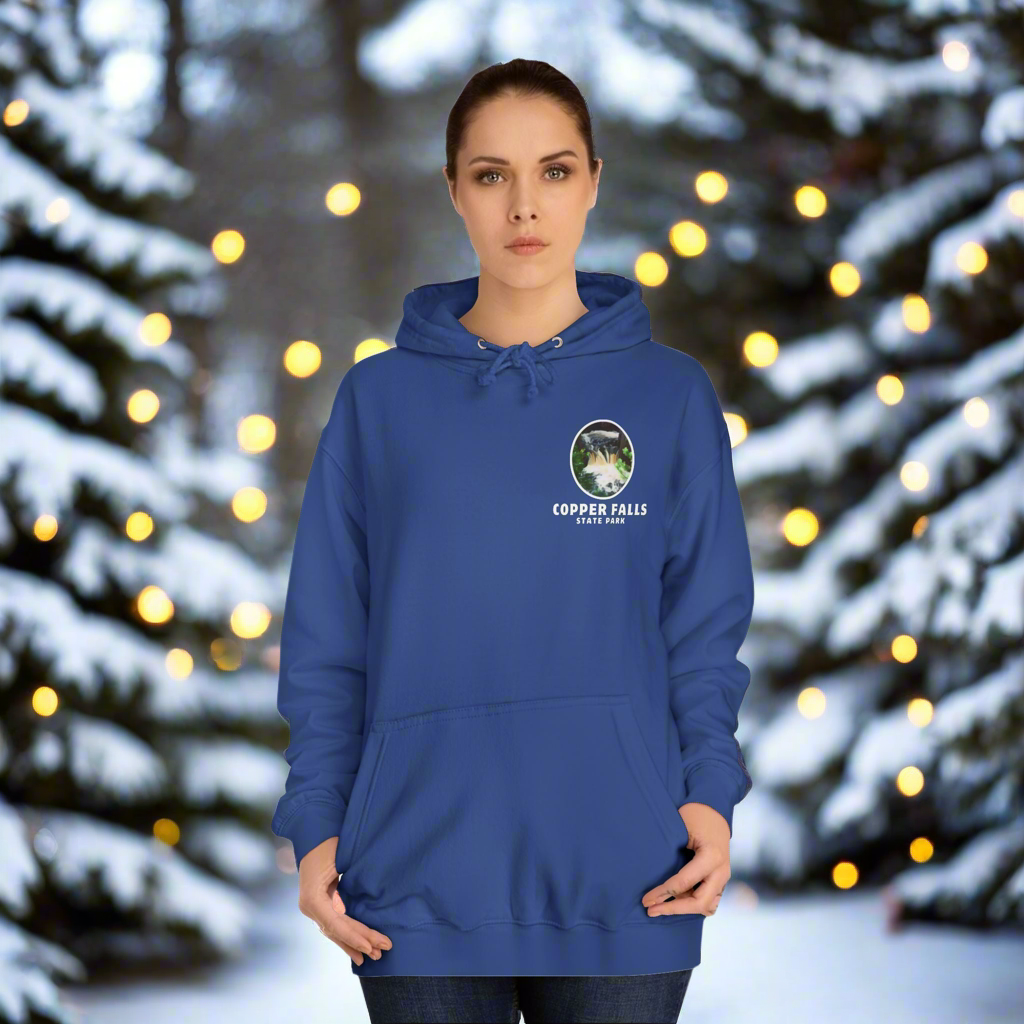 Copper falls sweatshirt front design in royal blue. 