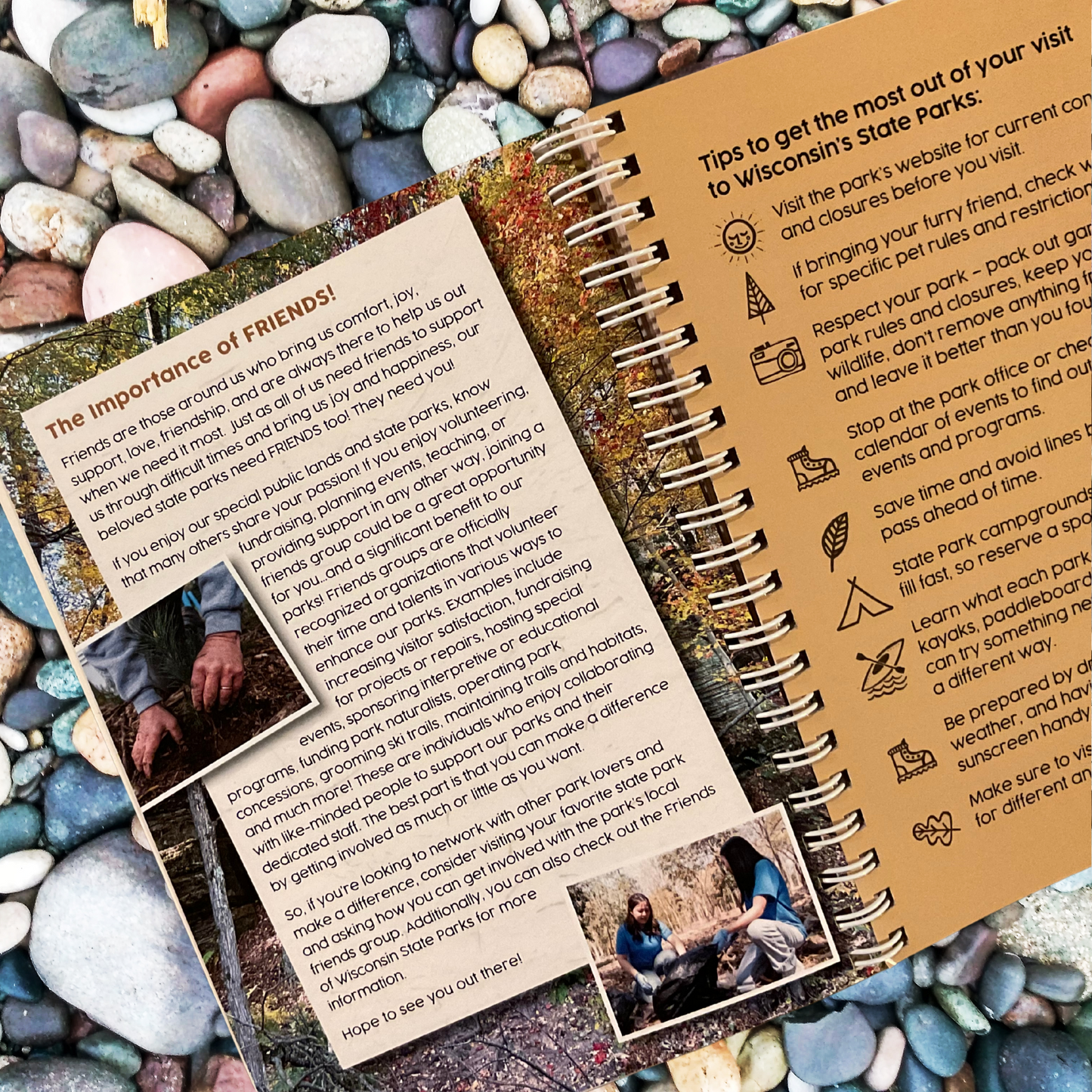 Wisconsin State Parks, Forests, and Trails Interactive Guide.  Featuring a display of inside pages that give park visitation tips and explain the importance of friends groups.  Photo background: book laying on a bed of river rock.
