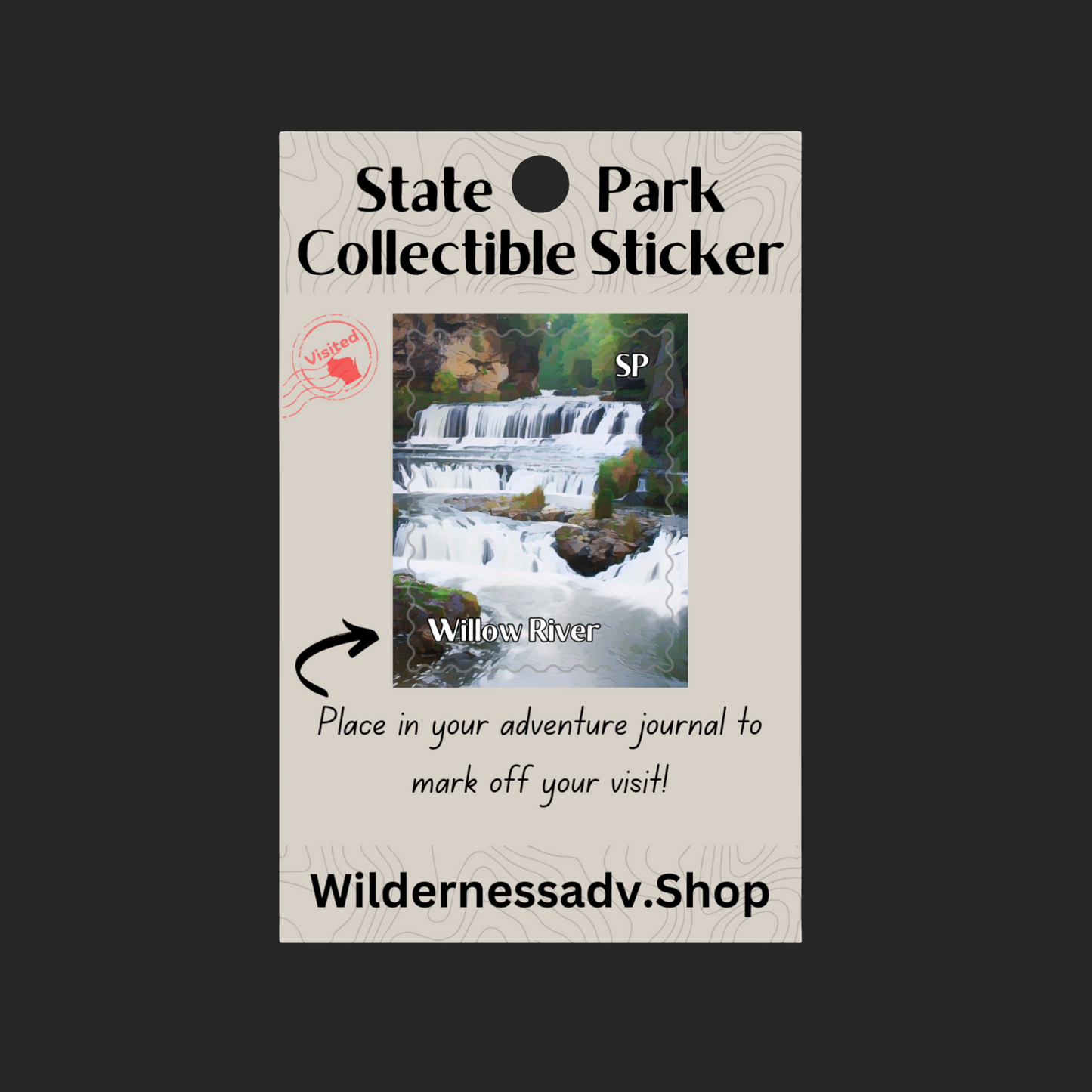 Sticker for Wisconsin State Park Adventure Journal depicting the falls at Willow River State Park.