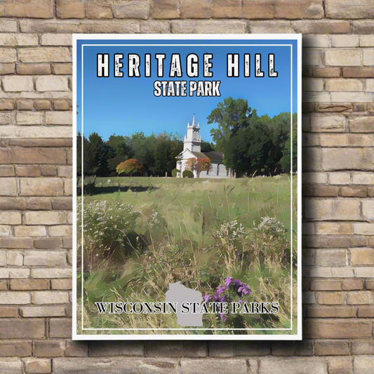 18x24 CCC inspired print of Heritage Hill State Park featuring a prairie and church.