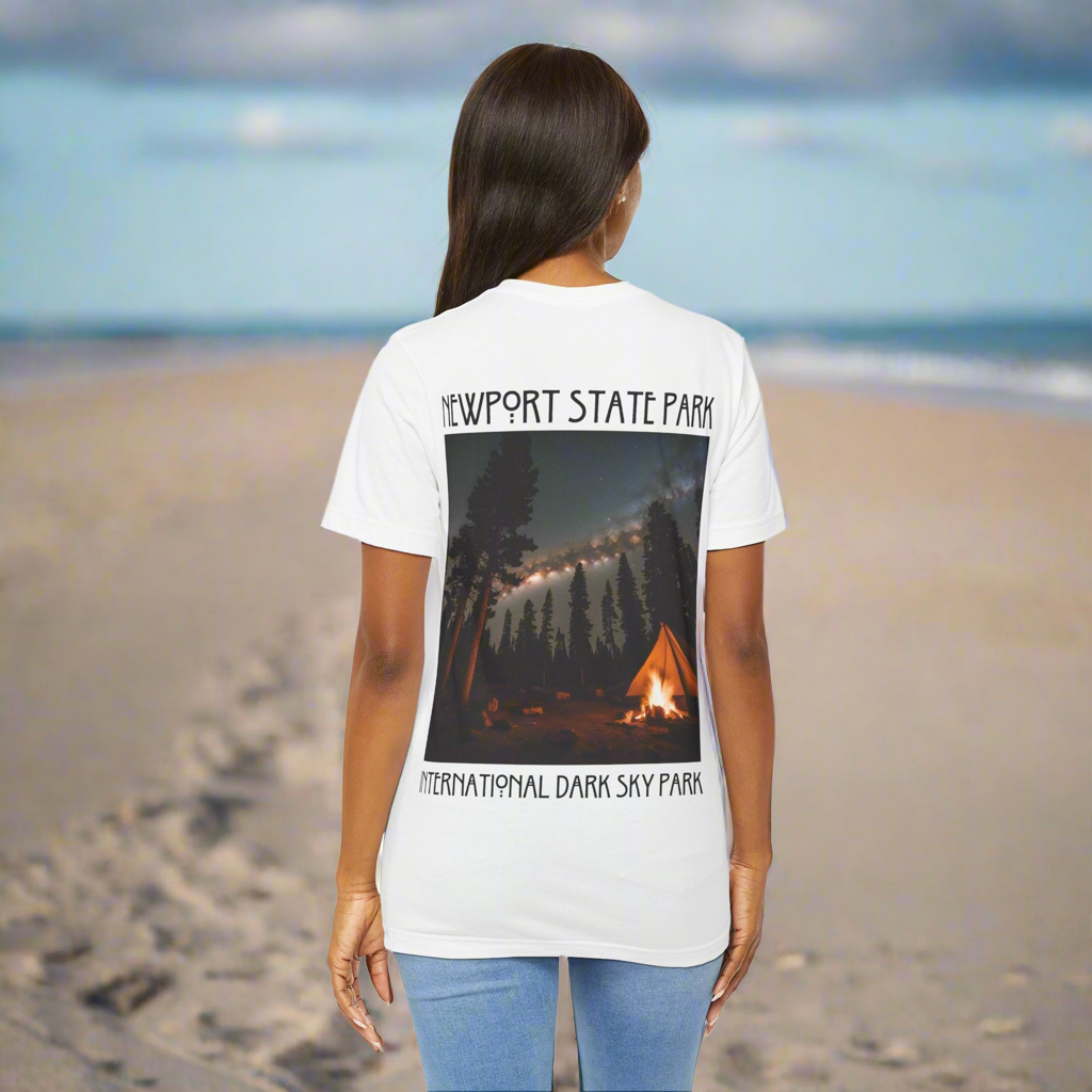 Female model wearing white Newport shirt showing back design.