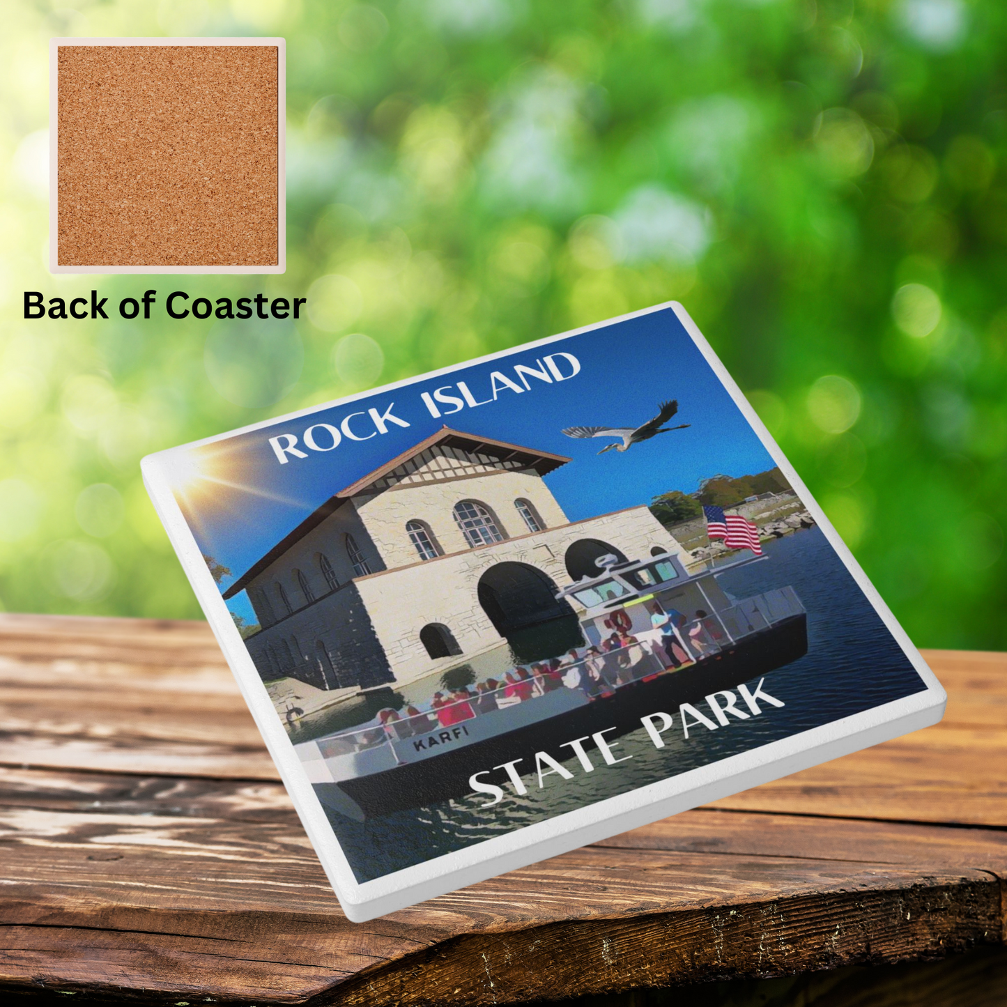 Ceramic Coaster depicting the historic boat house on Rock Island and the Island Ferry.  Contains the text “Rock Island State Park.”  Photo Background: antique wood table and wooded background. 