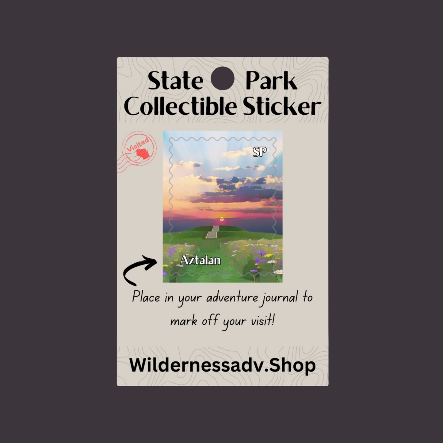 Sticker for Wisconsin State Park Adventure Journal depicting a pyramidal mound at sunset with a vivid setting sun and colorful clouds. 