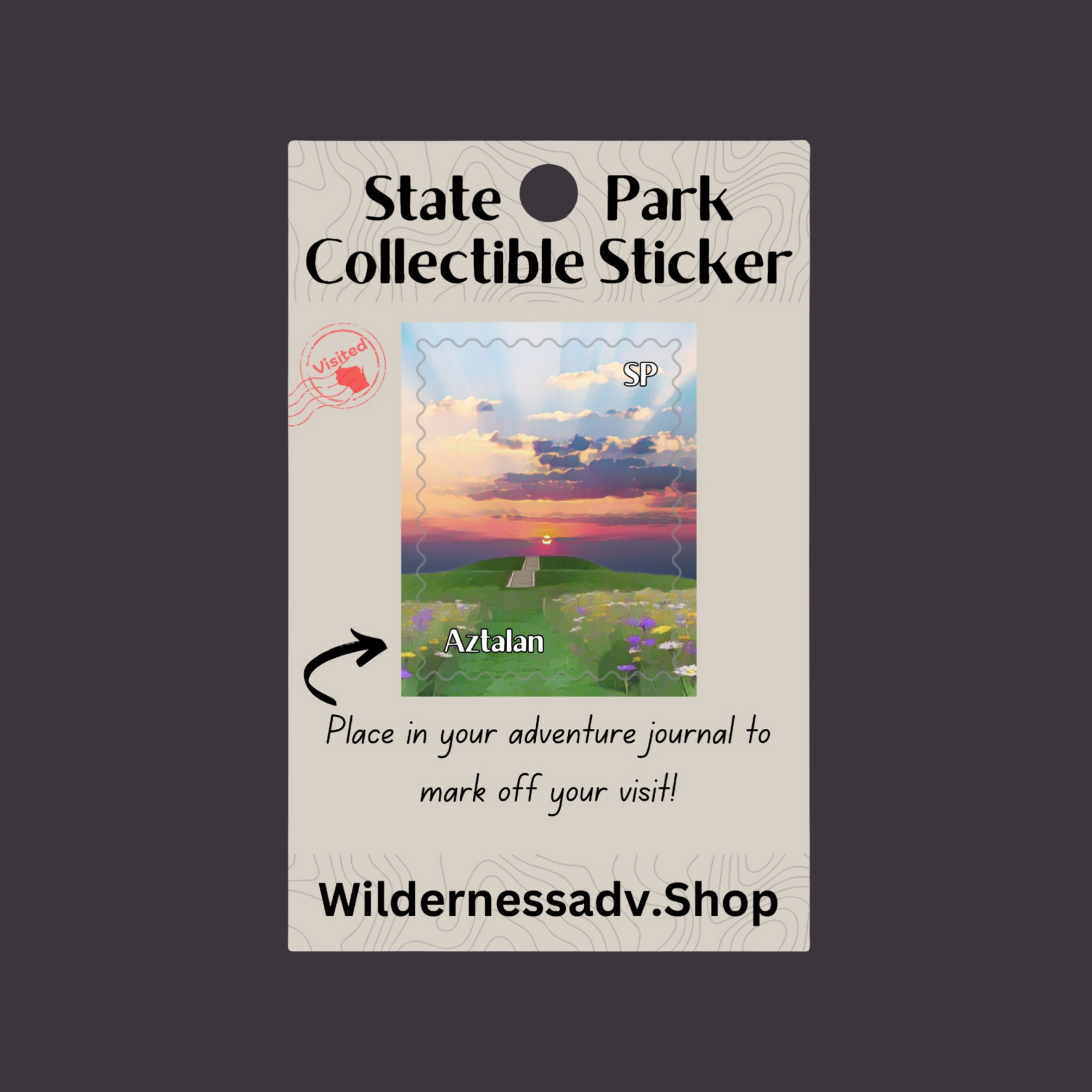 Sticker for Wisconsin State Park Adventure Journal depicting a pyramidal mound at sunset with a vivid setting sun and colorful clouds. 