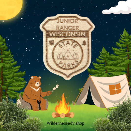 Wood Jr Ranger Badge with the text: Junior Ranger Wisconsin State Parks.  Photo background of woods and cartoon camping scene.
