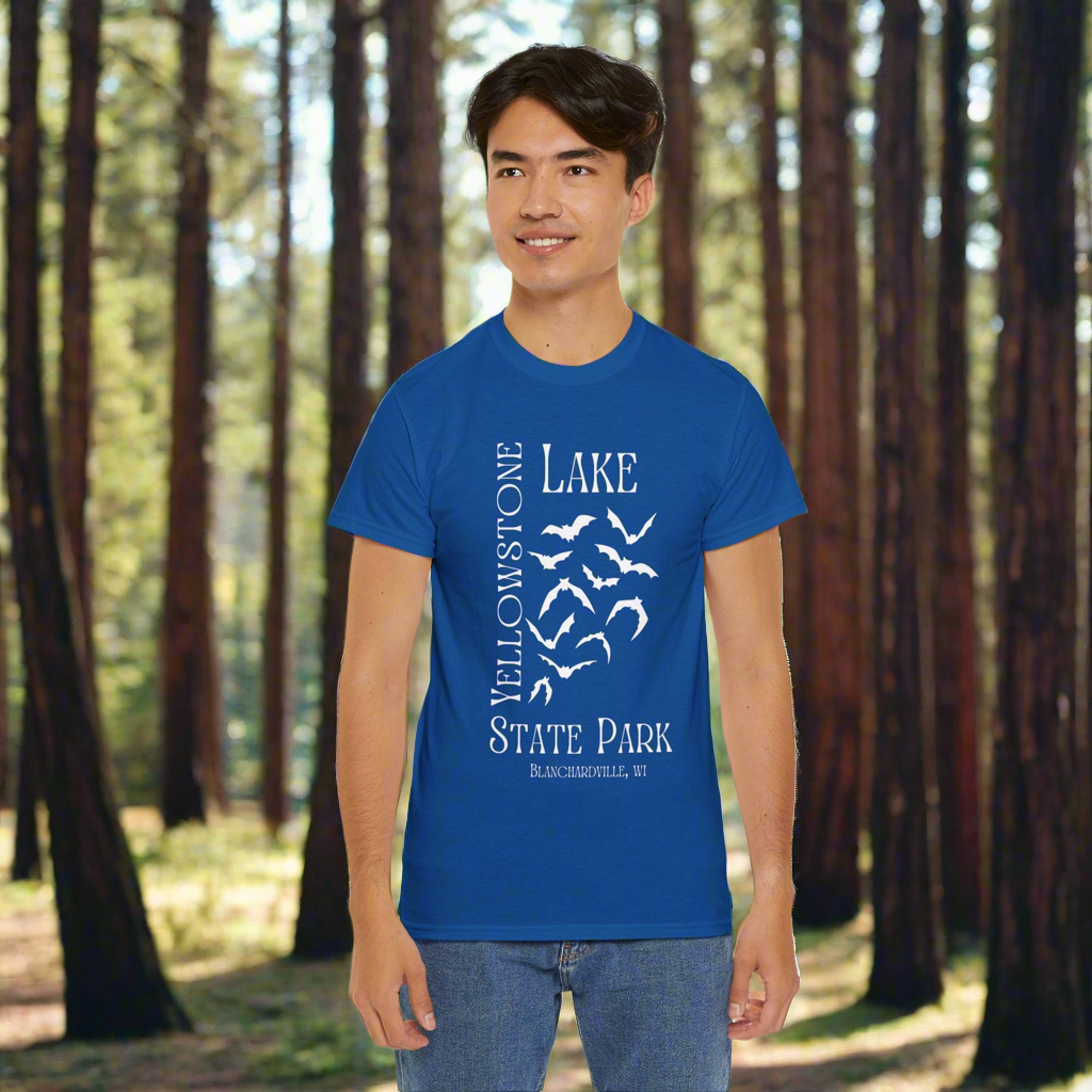Yellowstone Lake bat design tee shirt front.