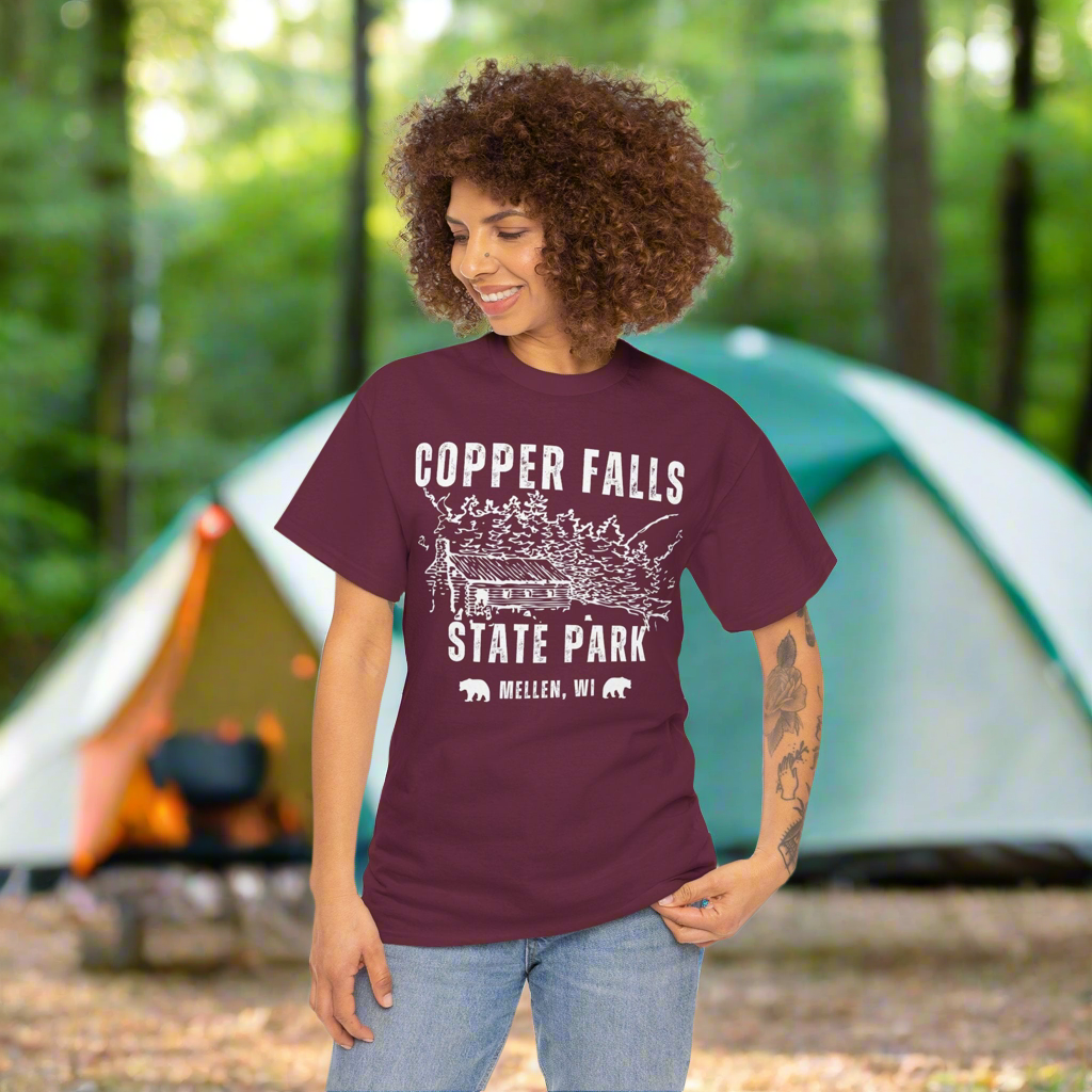 Copper Falls CCC tee front in maroon.