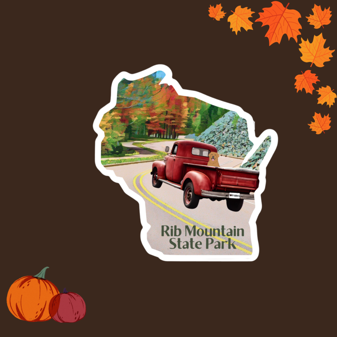 Wisconsin shaped sticker featuring a vintage red pickup truck with a dog in the bed driving up a curvy road with trees in fall leaf color.