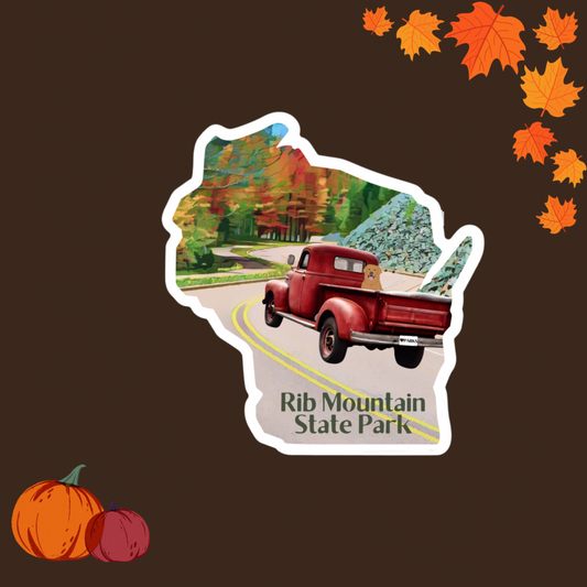 Wisconsin shaped sticker featuring a vintage red pickup truck with a dog in the bed driving up a curvy road with trees in fall leaf color.