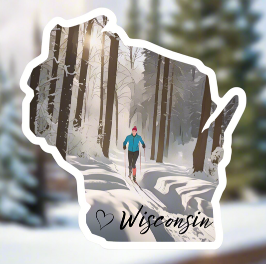 Wisconsin shaped sticker depicting a skier skiing through a snowy forest.