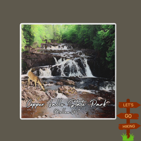 Ceramic coaster featuring a fawn deer drinking from the Tyler Forks Cascades. 