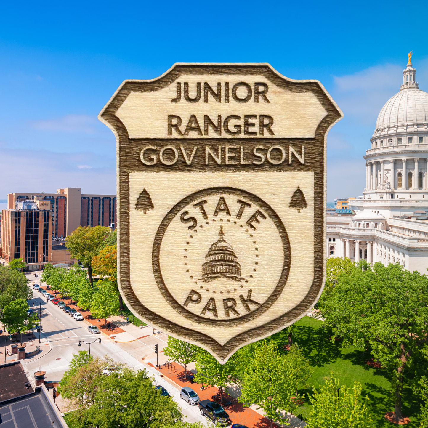 Wooden badge with 'Junior Ranger Gov Nelson State Park' text over a cityscape with a capitol building.