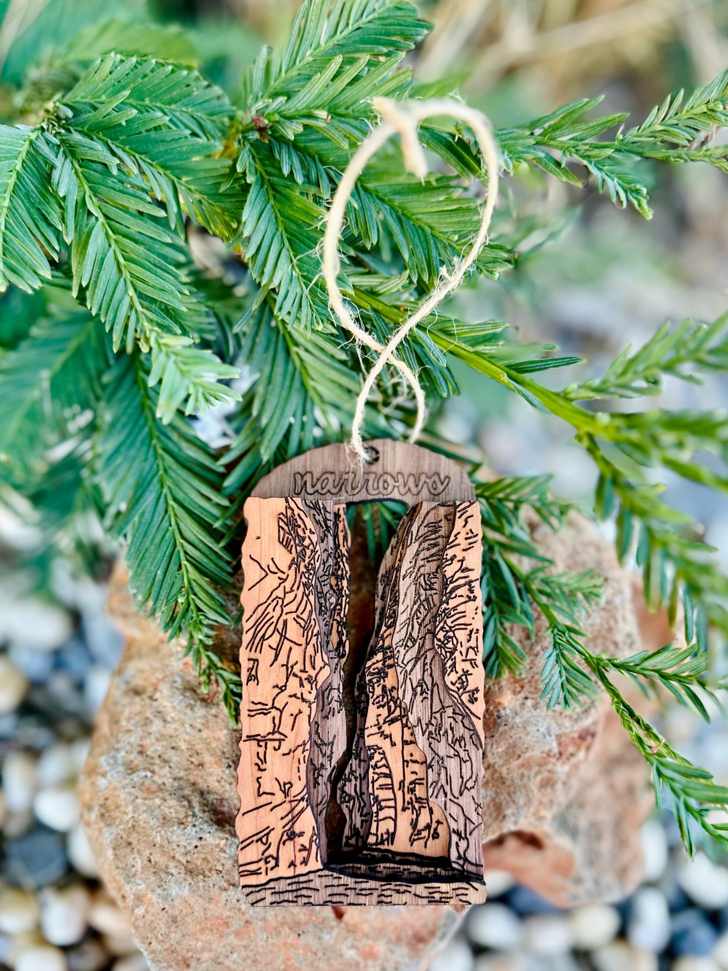 Wooden ornament with a canyon nature-themed design hanging on a branch