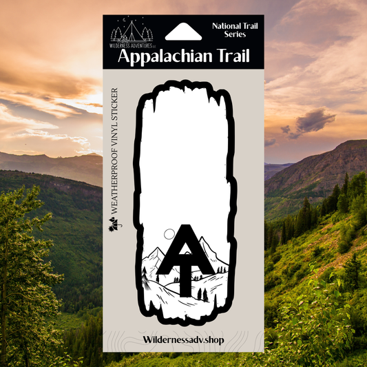 Weatherproof Appalachian Trail Blaze sticker with AT text and a scenic mountain design. Photo background features a scenic mountain background.