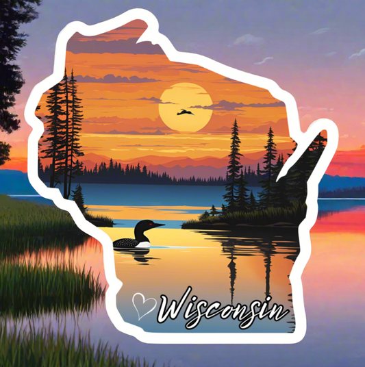 Wisconsin shaped sticker depicting a sunset lake picture with a loon swimming.