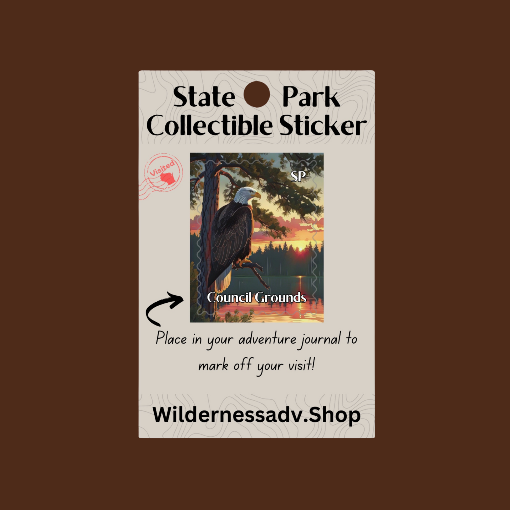 Sticker for Wisconsin State Park Adventure Journal depicting a majestic perched eagle overlooking a calm river surrounded by trees at sunset from a white pine.
