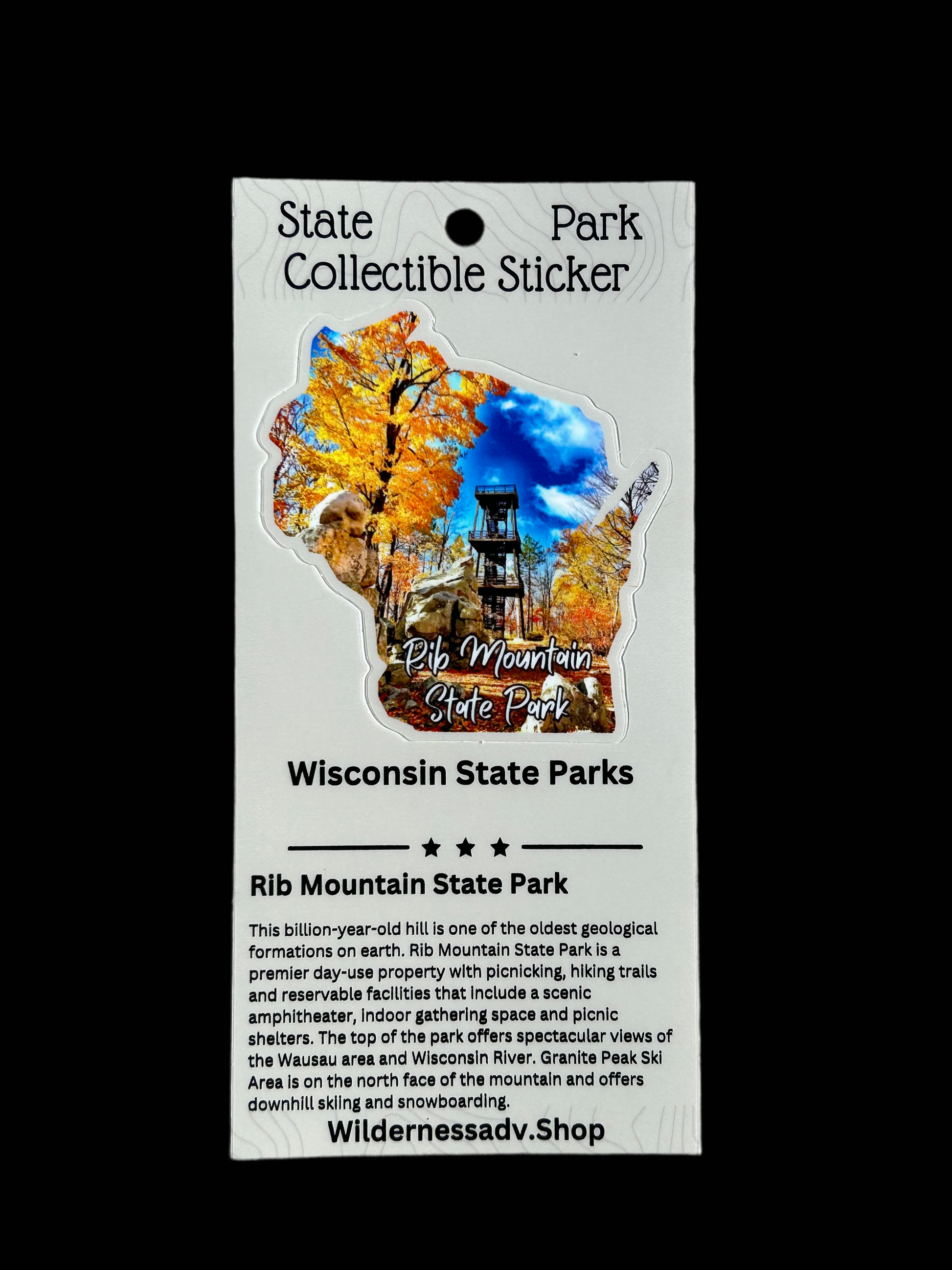 Wisconsin shaped sticker depicting the observation tower at Rib Mountain State Park and the trees in fall leaf color.