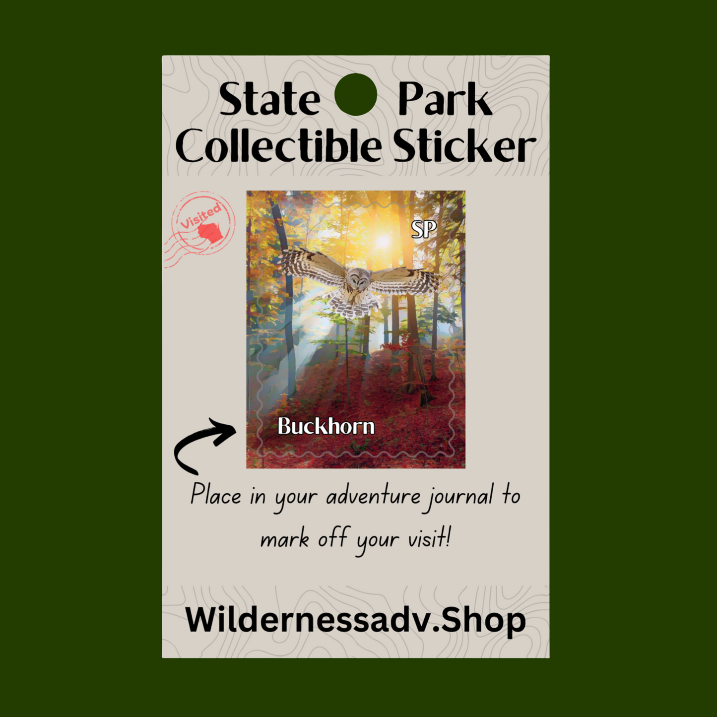 Sticker for Wisconsin State Park Adventure Journal depicting an owl gliding through a forest at sunset.