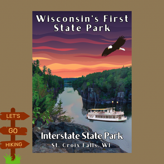 2x3” metal button magnet featuring a sunset themed rendition of the St. Croix river and a vintage paddle wheel boat navigating down the river and a bald eagle flying in the sky.  Text reads: Wisconsin’s First State Park - Interstate State Park - St. Croix Falls, WI.
