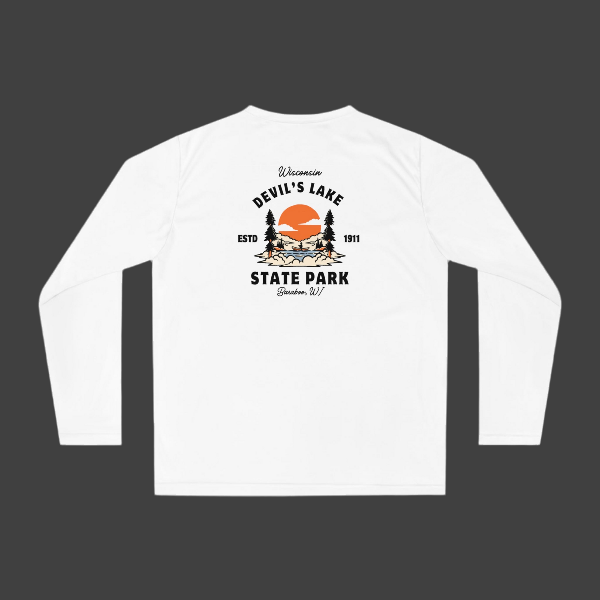 White Devil’s Lake Performance Long Sleeve Shirt back. 