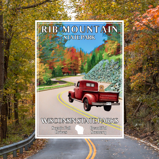 18x24” poster depicting a vintage red truck with a dog in the back driving up a curvy road lined with trees in vibrant color. Photo background: scenic back road with leaves in fall color. 