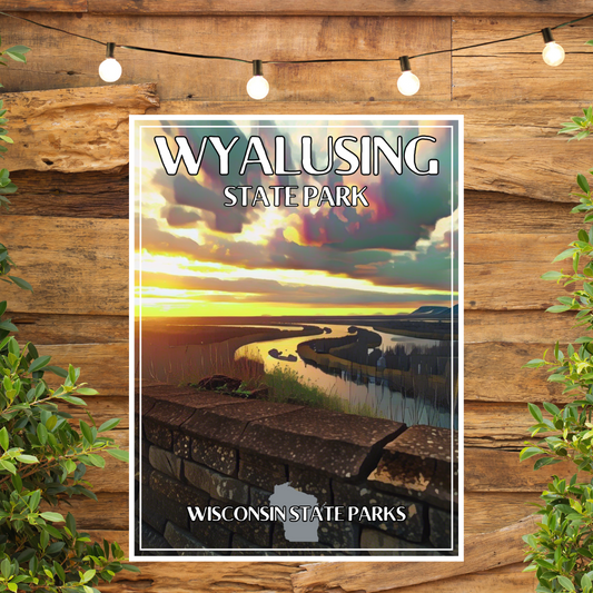 Retro CCC inspired poster depicting a scenic sunset over the confluence of rivers from a bluff-top view.  Photo background: Rustic hewn wood wall with plants and vintage patio lights. 