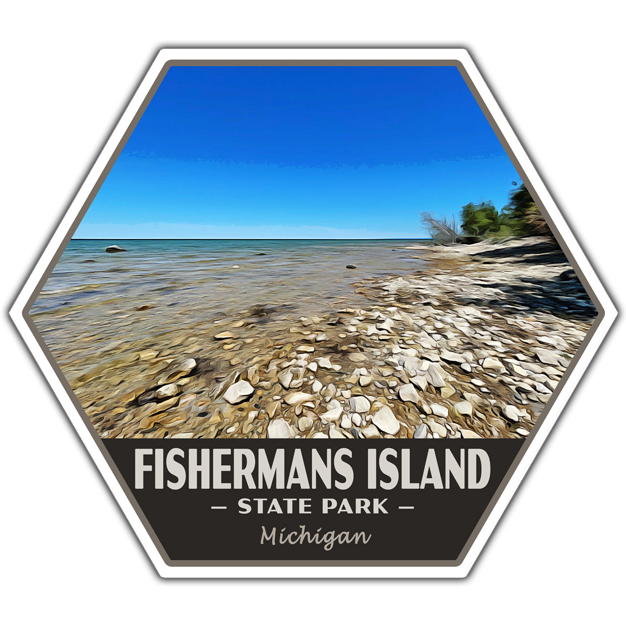 A hexagonal sticker featuring a photograph of a rocky shoreline at Fishermans Island State Park, Michigan, with a dark banner at the bottom reading “FISHERMANS ISLAND • STATE PARK • Michigan.”.