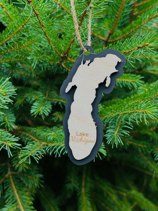 Lake Michigan Shaped ornament with black background and the text "Lake Michigan". 