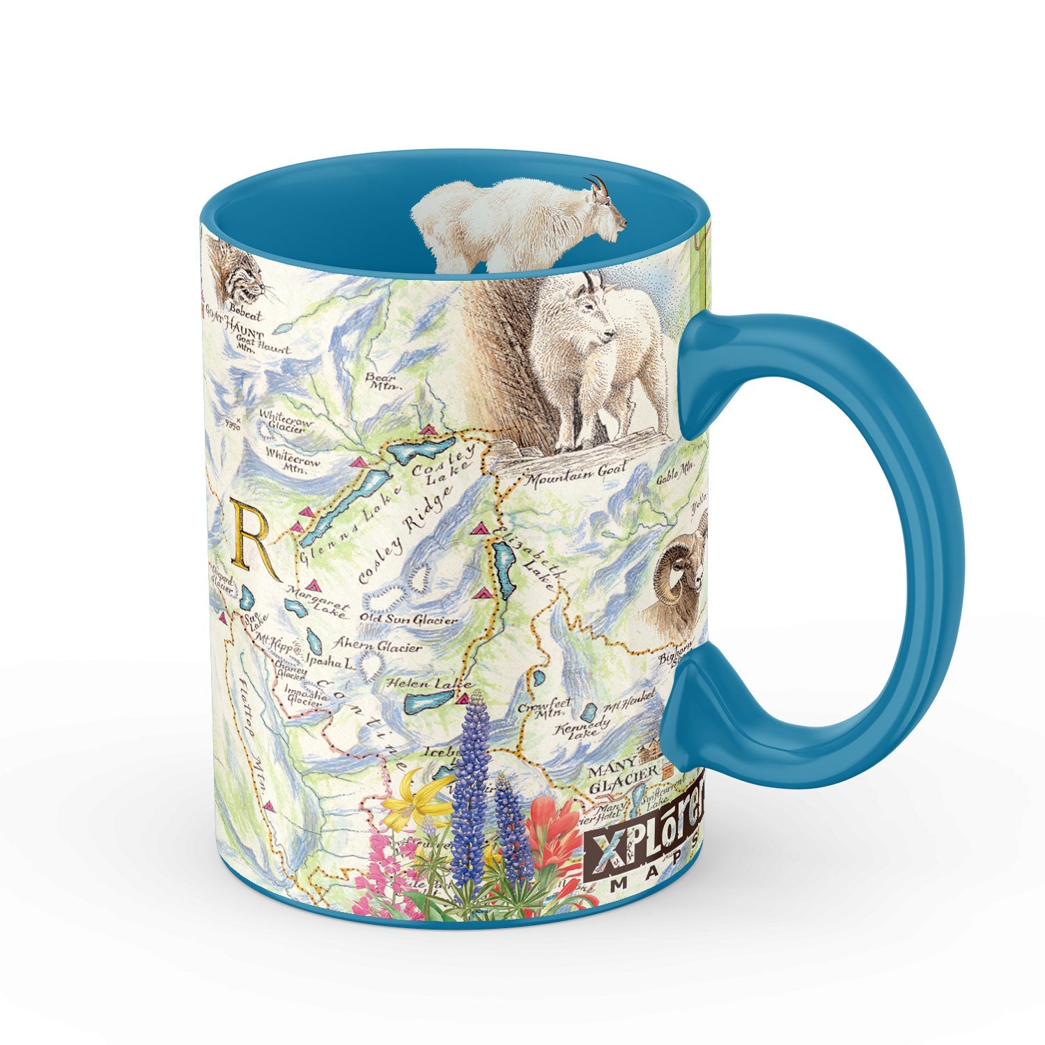 A ceramic mug featuring a detailed map print of Glacier National Park with illustrations of mountain goats, wildflowers, and a snowy sheep on a white background.