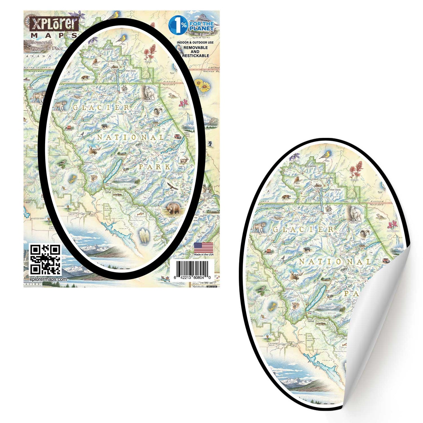 A vintage-style map sticker of Yellowstone National Park shown in two views: one flat view on the left outlined in black, and one curled-corner view on the right. The map features a cream background with blue waterways, green roads, and small illustrated details.
