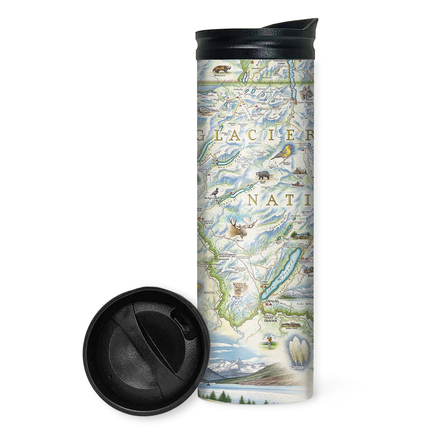 A tall insulated travel tumbler with a black lid, featuring a vintage-style illustrated map print. A separate black lid is shown in front of the tumbler on a plain white background.