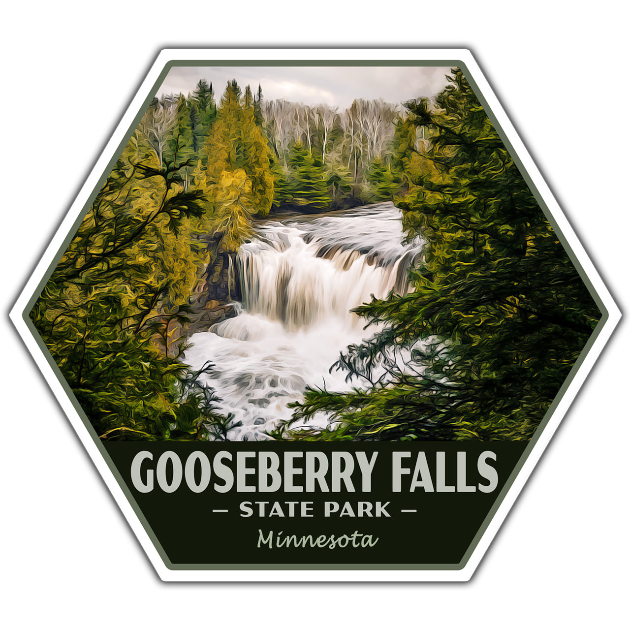 A hexagonal sticker featuring a scenic illustration of Gooseberry Falls State Park in Minnesota, with a waterfall surrounded by green and yellow trees. The bottom section is dark green with white text reading 'GOOSEBERRY FALLS - STATE PARK - Minnesota'.