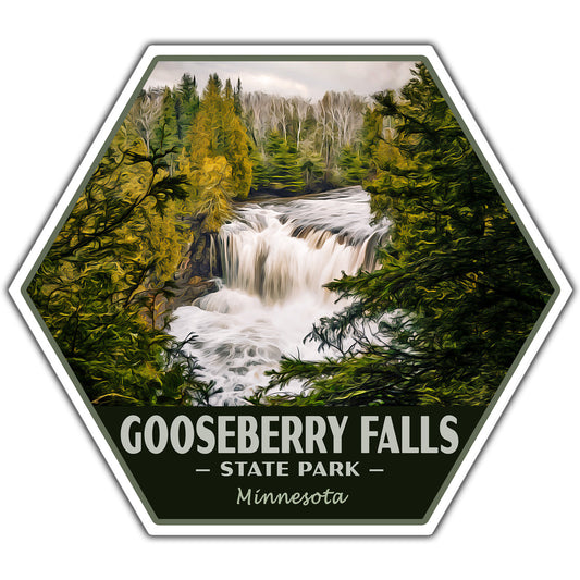 A hexagonal sticker featuring a scenic illustration of Gooseberry Falls State Park in Minnesota, with a waterfall surrounded by green and yellow trees. The bottom section is dark green with white text reading 'GOOSEBERRY FALLS - STATE PARK - Minnesota'.