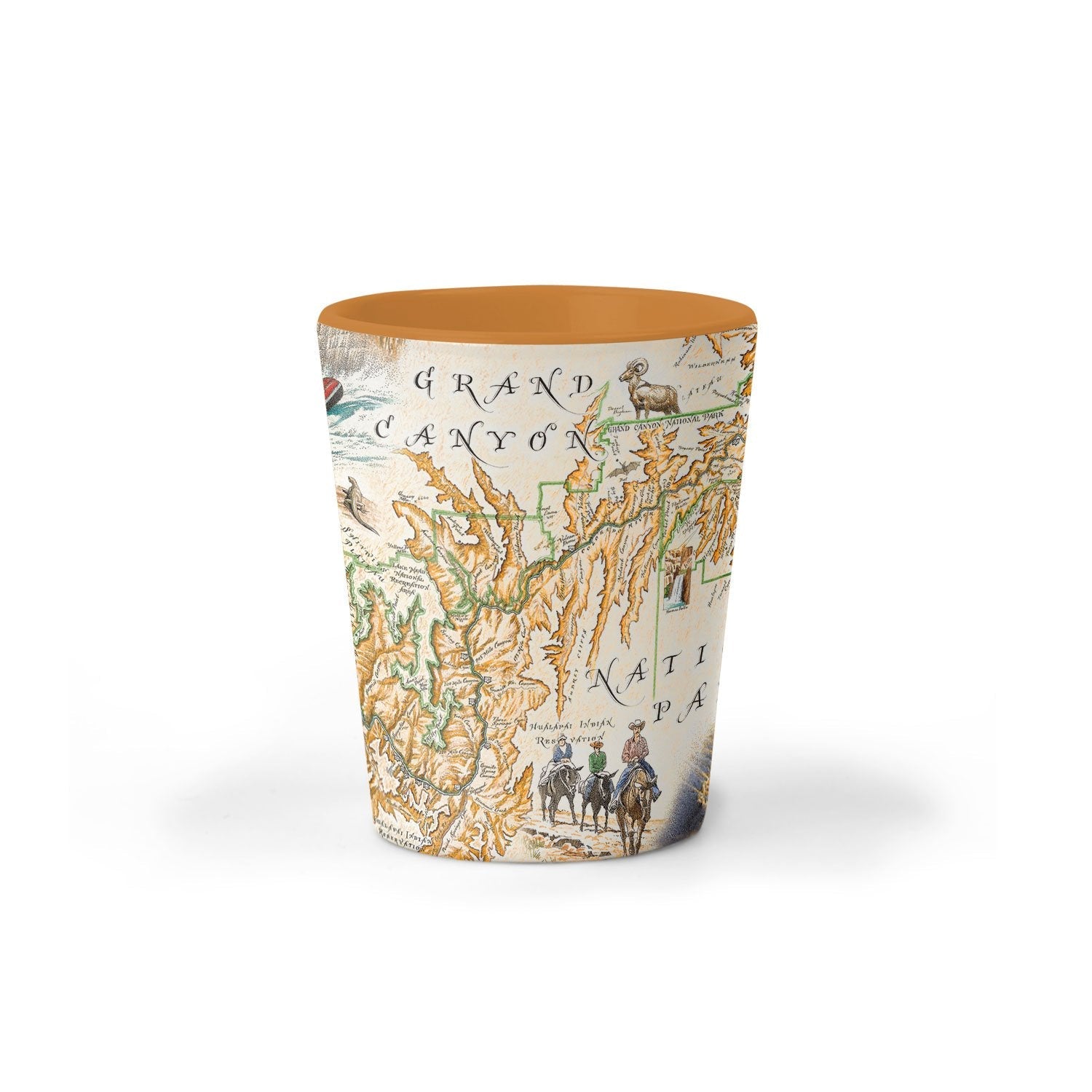 A tapered shot glass featuring an antique-style map print of Grand Canyon National Park, with a solid terracotta orange interior, shown on a clean white background.