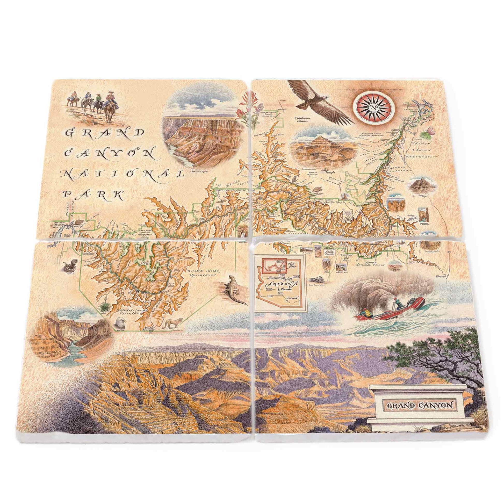 A set of four square ceramic coasters featuring vintage-style illustrated maps and scenes of Grand Canyon National Park, displayed on a clean white background.