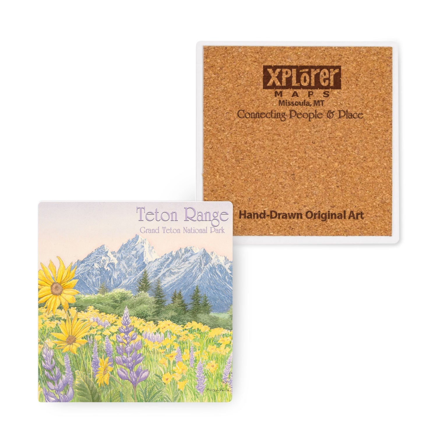 A square ceramic coaster shown with its cork backing. The front features a painted mountain landscape with yellow wildflowers and purple blossoms, and the back shows a tan cork panel with the brand Xplorer Maps and the title Teton Range.
