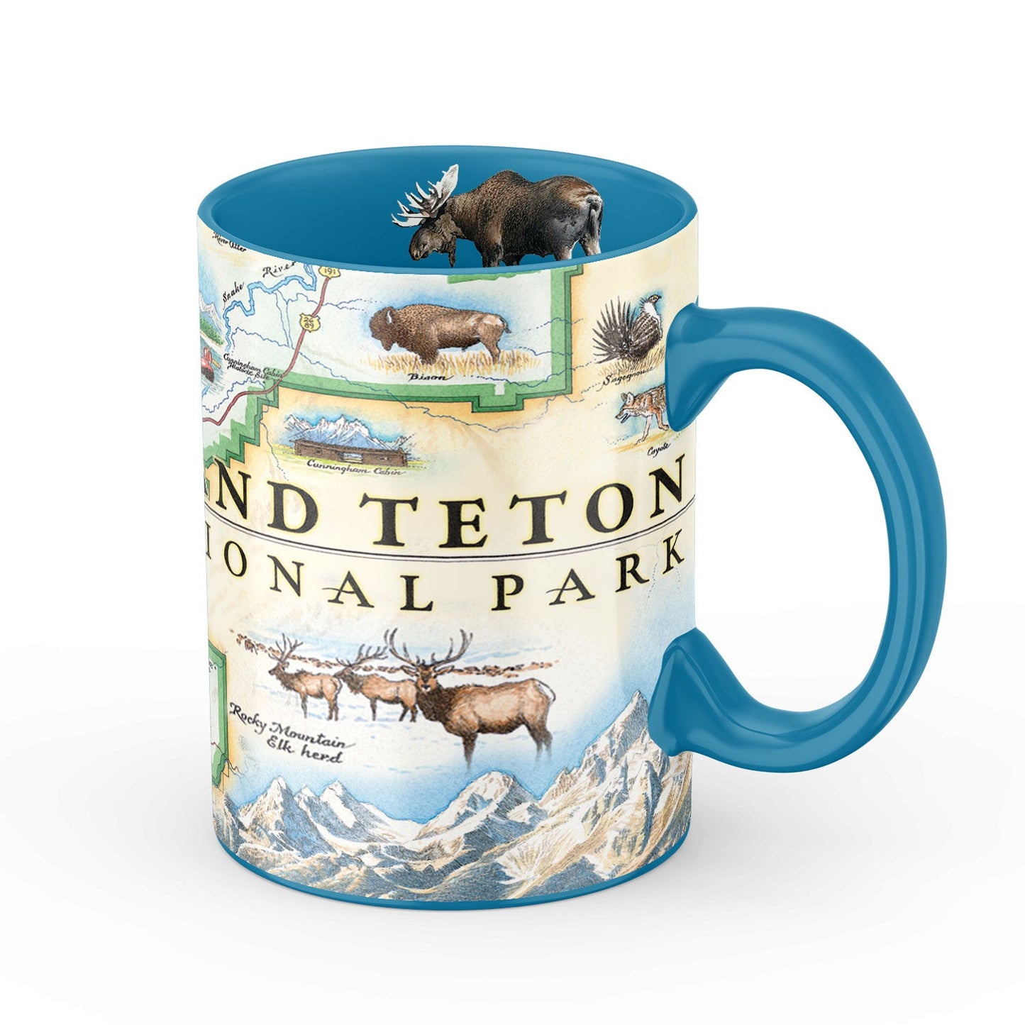 A ceramic mug featuring a colorful illustrated map of Grand Teton National Park with wildlife and mountain scenery, finished with a bright blue handle and interior.